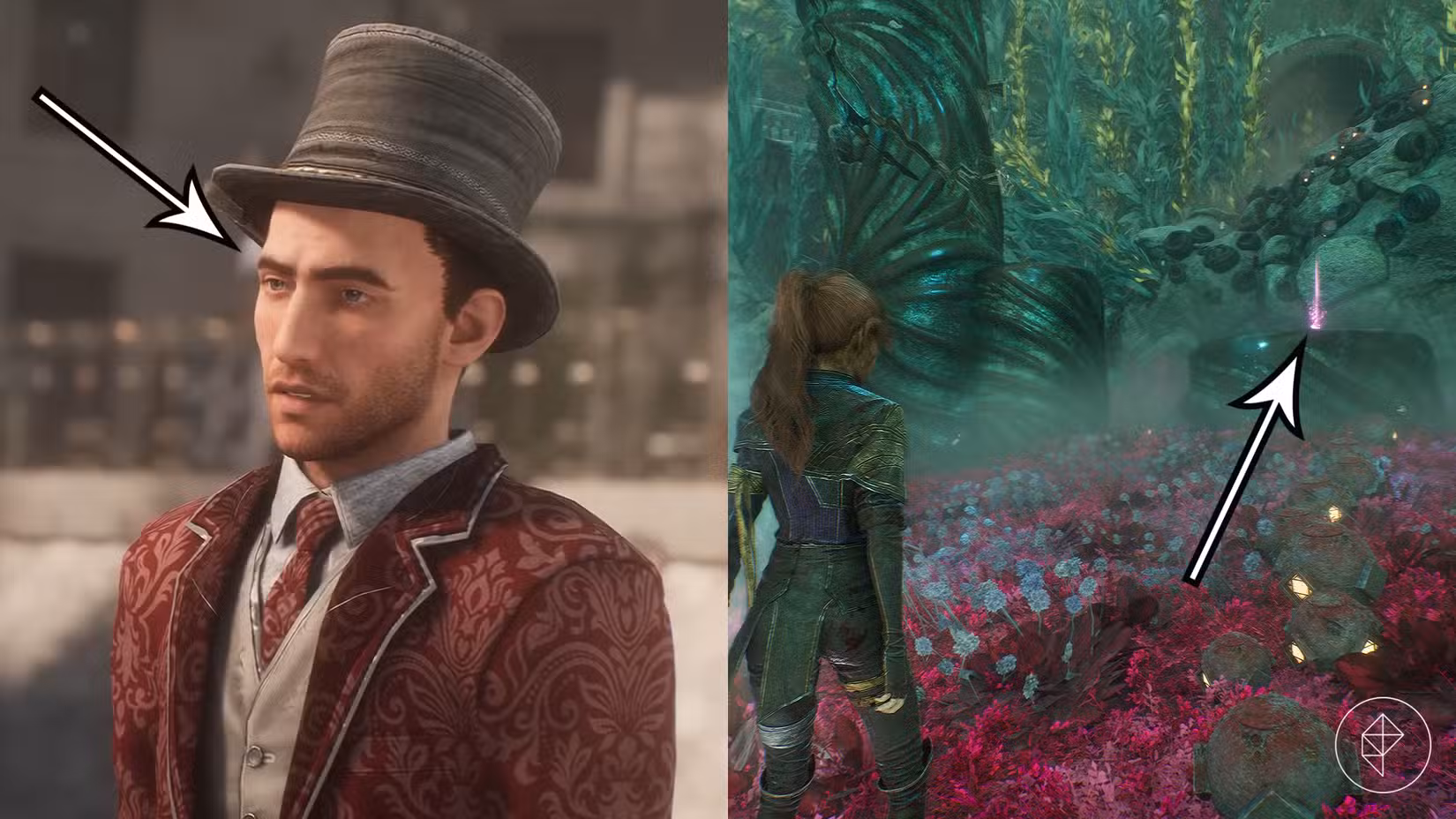 As setas apontam para dois locais de Recoat no início do jogo em Clair Obscur: Expedition 33.