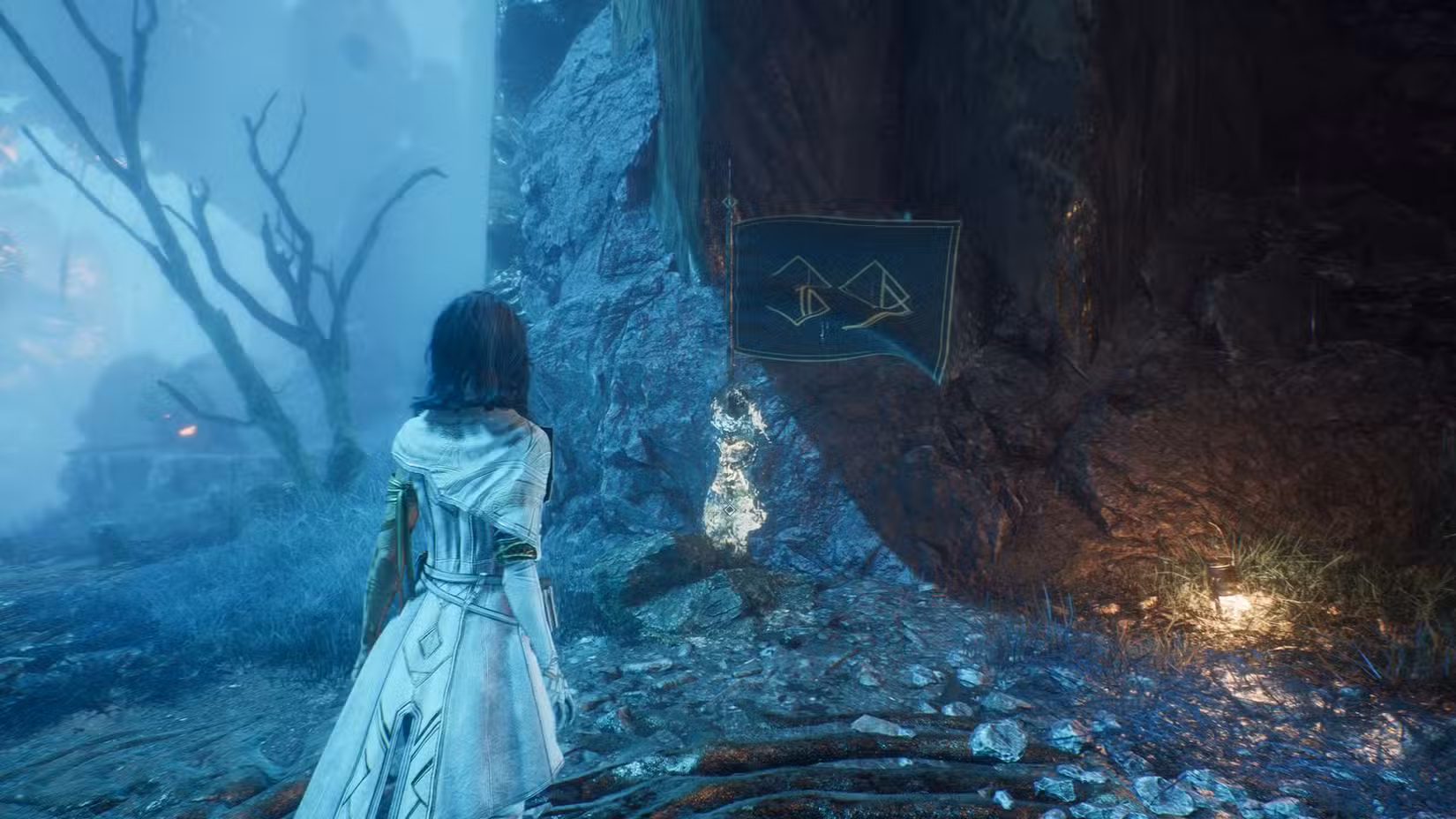 Um personagem de Clair Obscur olha para uma bandeira