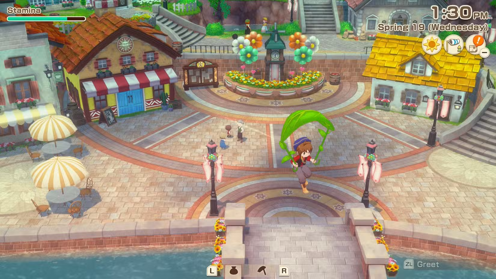 Um jogador sobrevoa Zephyr Town em Story of Seasons: Grand Bazaar.