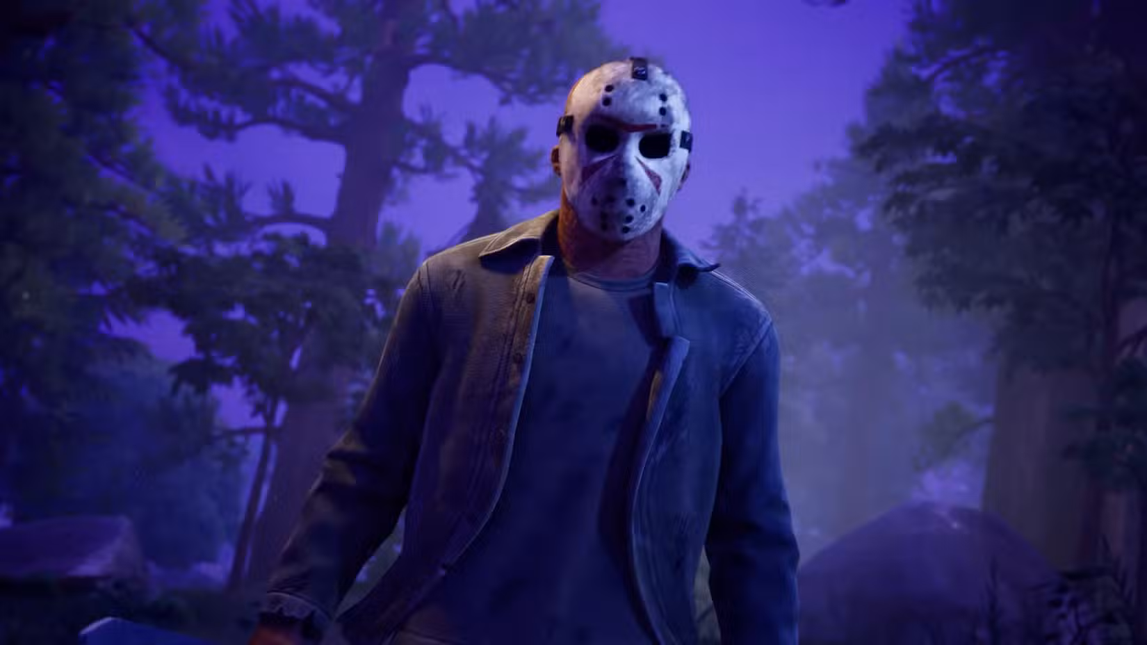Jason está em uma floresta escura, usando sua máscara de hóquei característica, como vista em Fortnite.