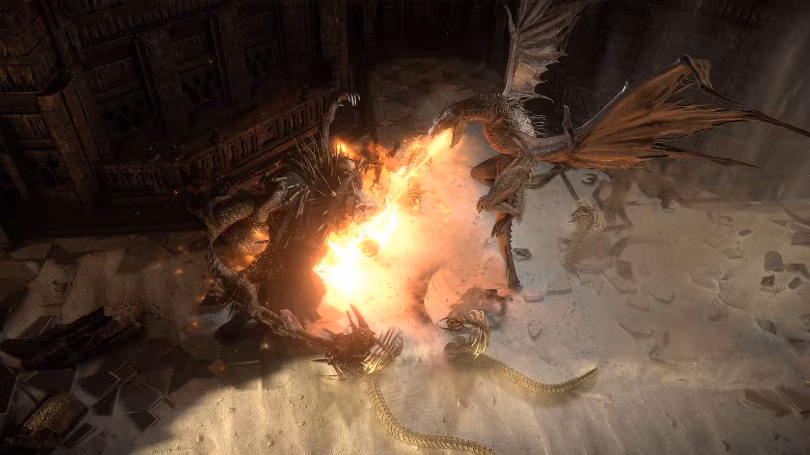 Uma captura de tela do Path of Exile 2 mostrando a forma wyvern do Druida cuspindo fogo