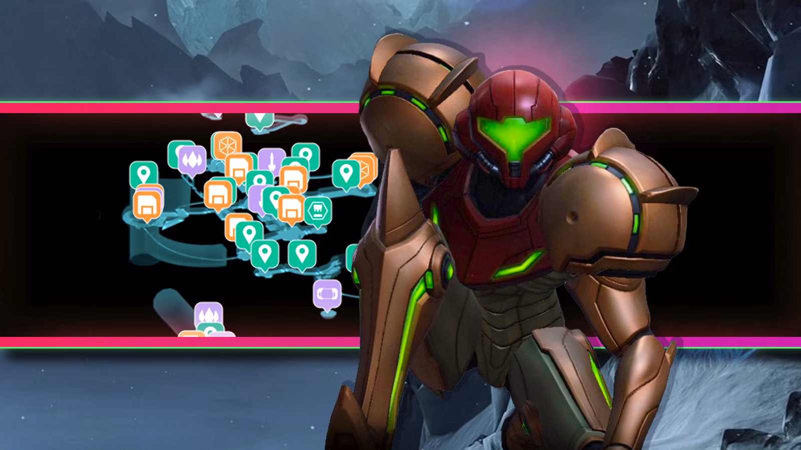 Samus se abaixa diante de um mapa do Cinturão de Gelo