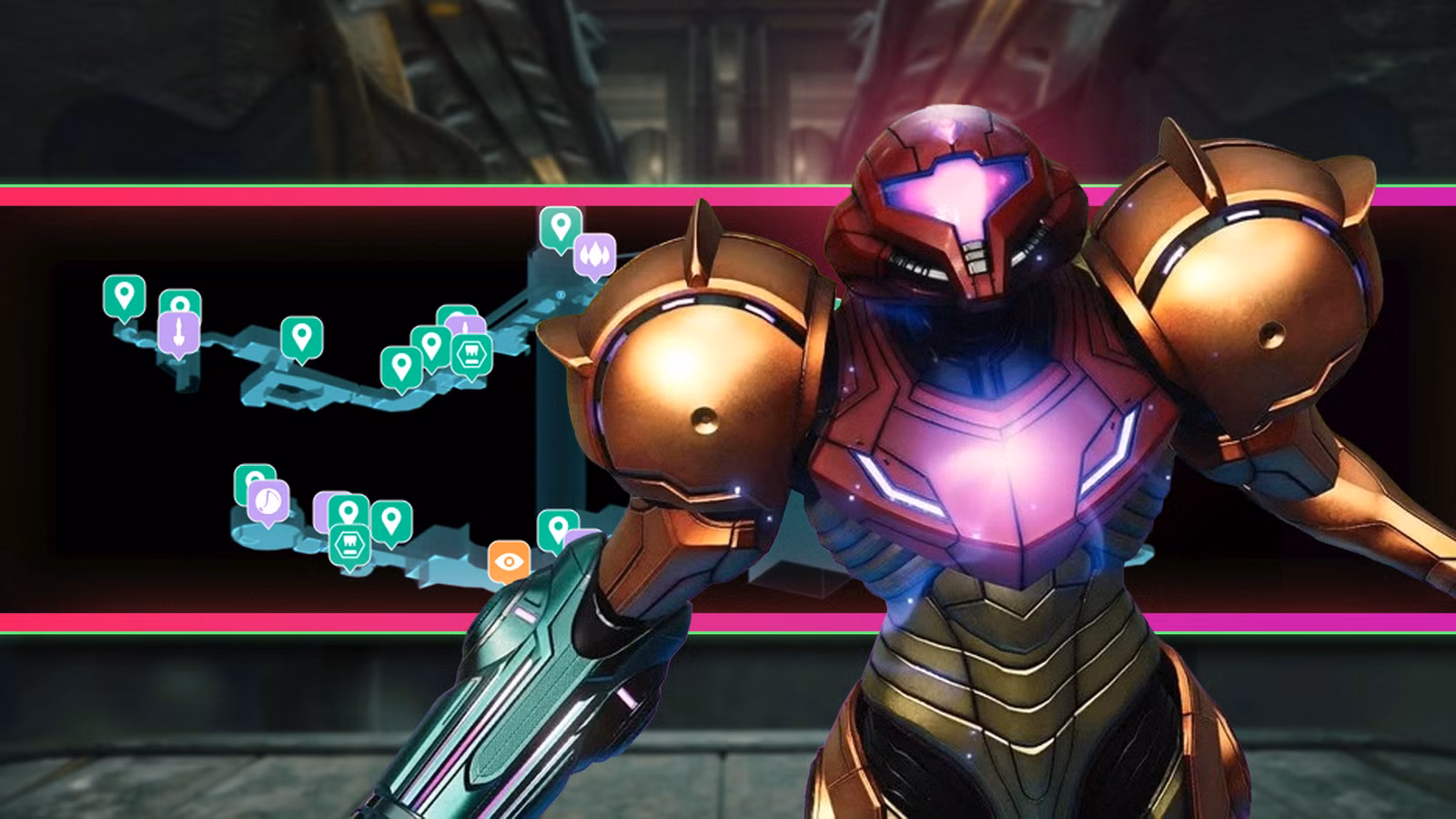 Samus na frente de um mapa das Grandes Minas