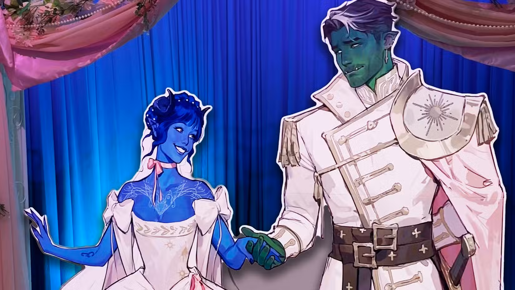 Recortes de Jester e Fjord de Critical Role, de mãos dadas em suas roupas de casamento