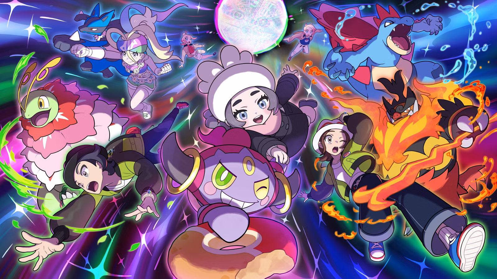 A arte principal de Pokémon Legends: Mega Dimension DLC de ZA, que mostra o novo personagem Ansha, Hoopa e os personagens principais sendo puxados para o hiperespaço ao lado de Pokémon iniciais mega evoluídos.