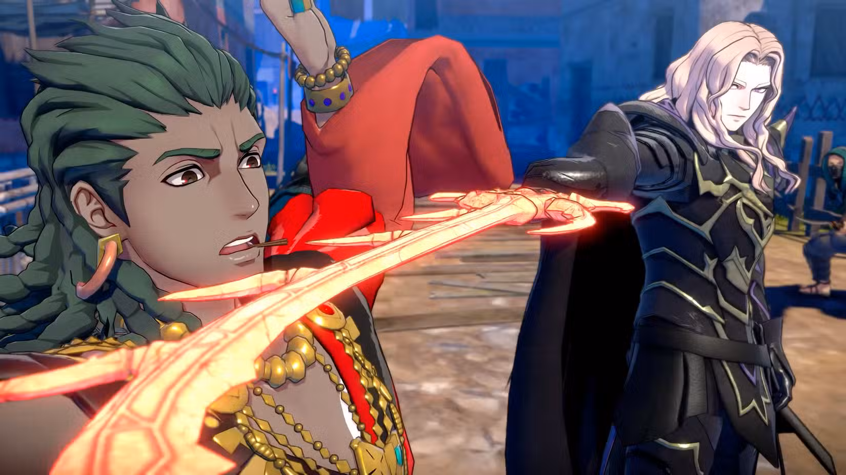 Personagem Fire Emblem segura uma espada flamejante no pescoço de outro personagem Fire Emblem