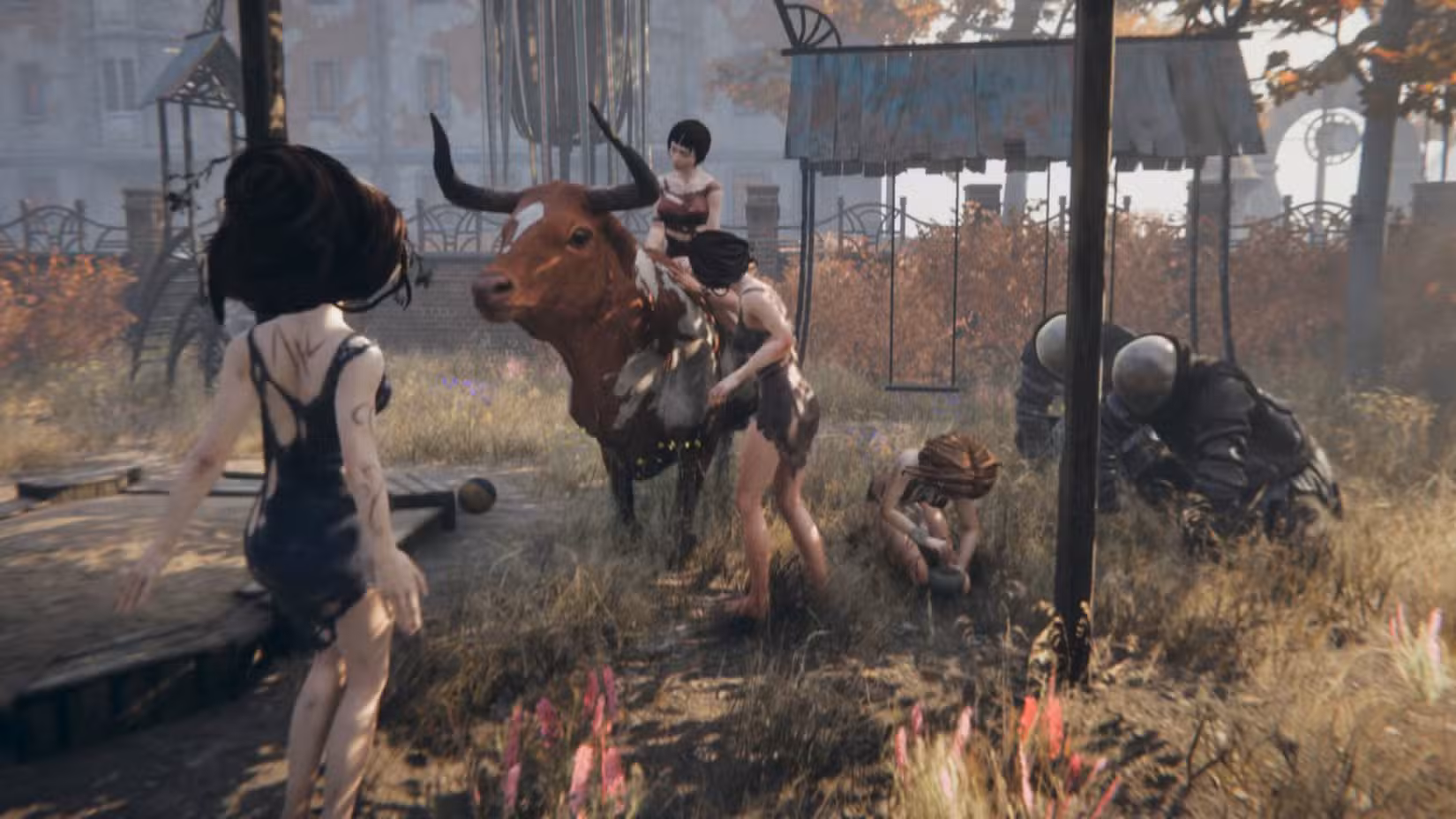 Herb Brides dançam e rezam perto de um touro sagrado.