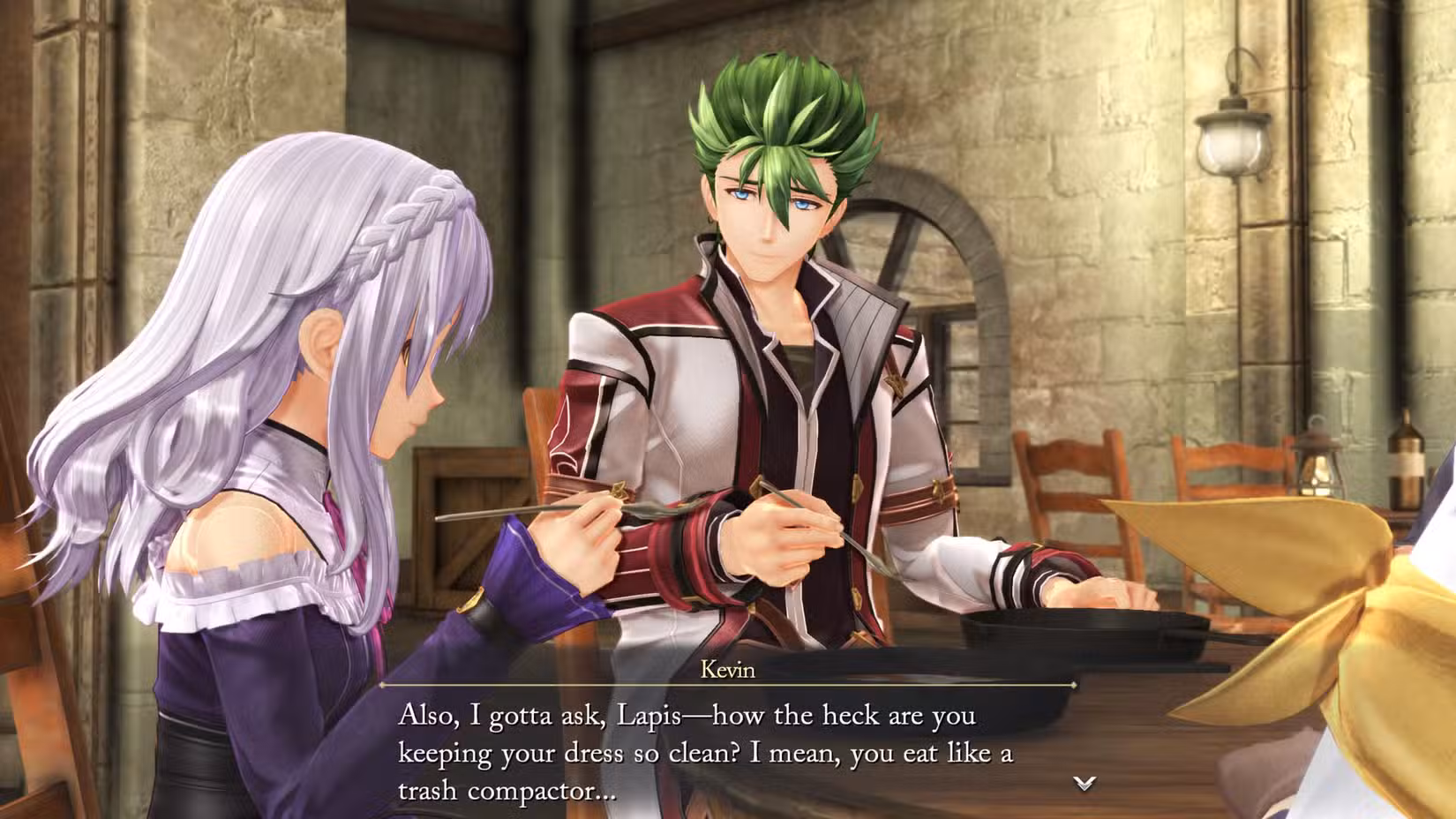 Uma captura de tela de Trails Beyond the Horizon mostrando Kevin conversando com Lapis