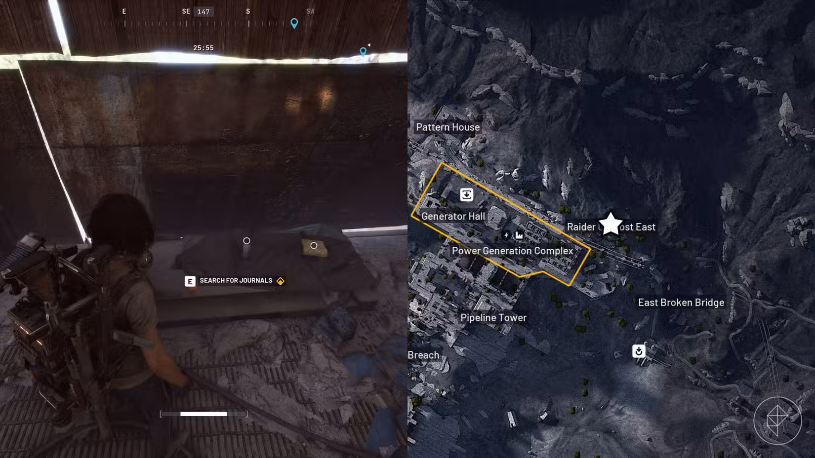 O lado esquerdo da imagem mostra o jogador em Arc Raiders parado em frente ao diário que precisa pegar para a missão, enquanto o lado direito mostra o local marcado no mapa do jogo.