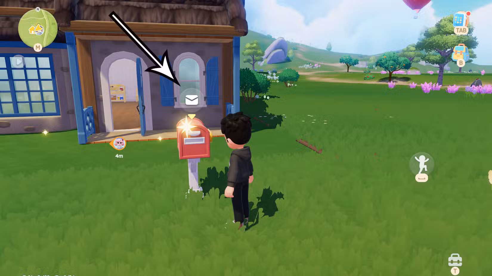 Uma montagem usando uma captura de tela do Heartopia mostrando onde encontrar a caixa de correio