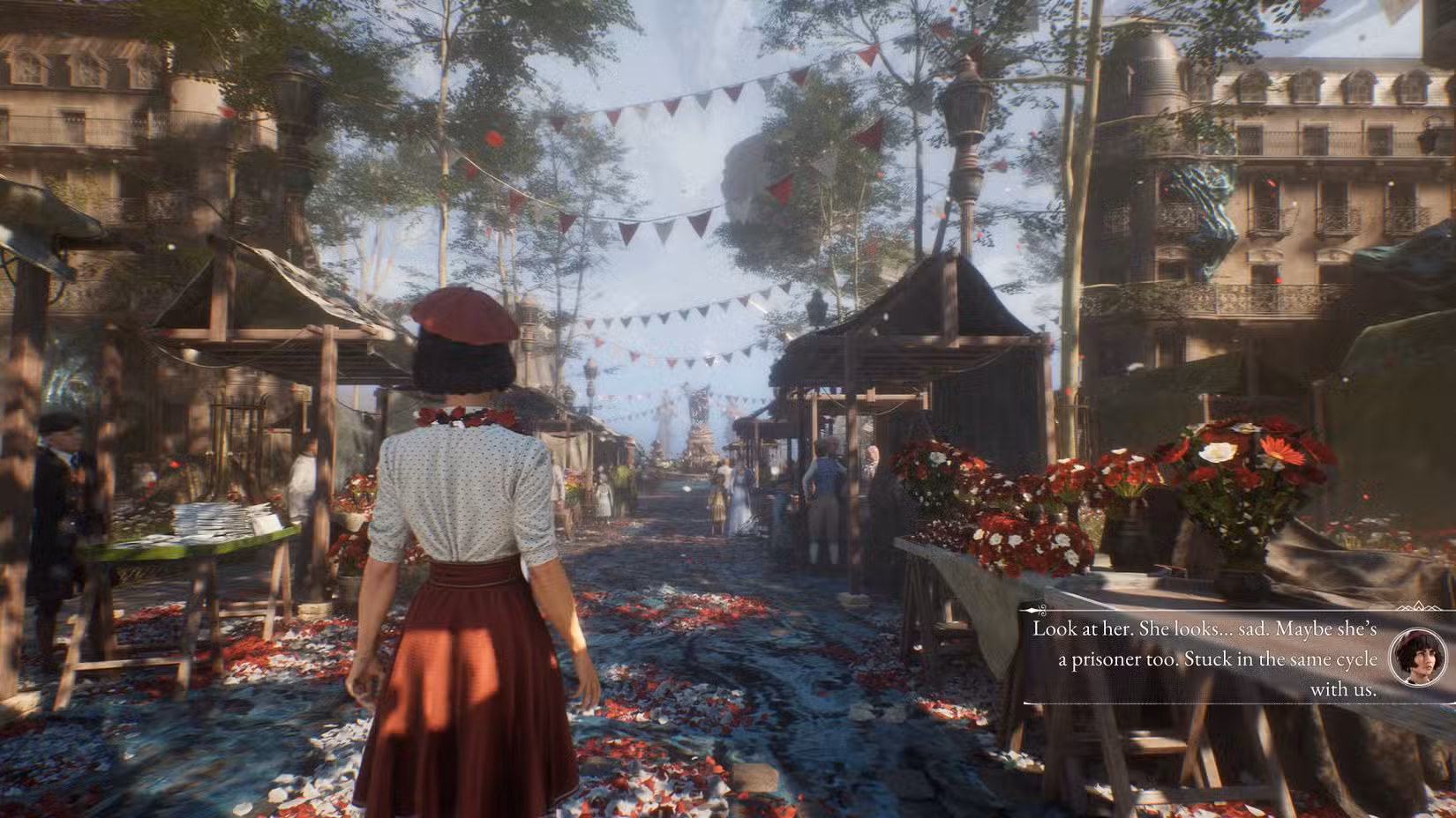 Clair Obscur Expedition 33 Sophie andando pelo mercado de flores durante o prólogo