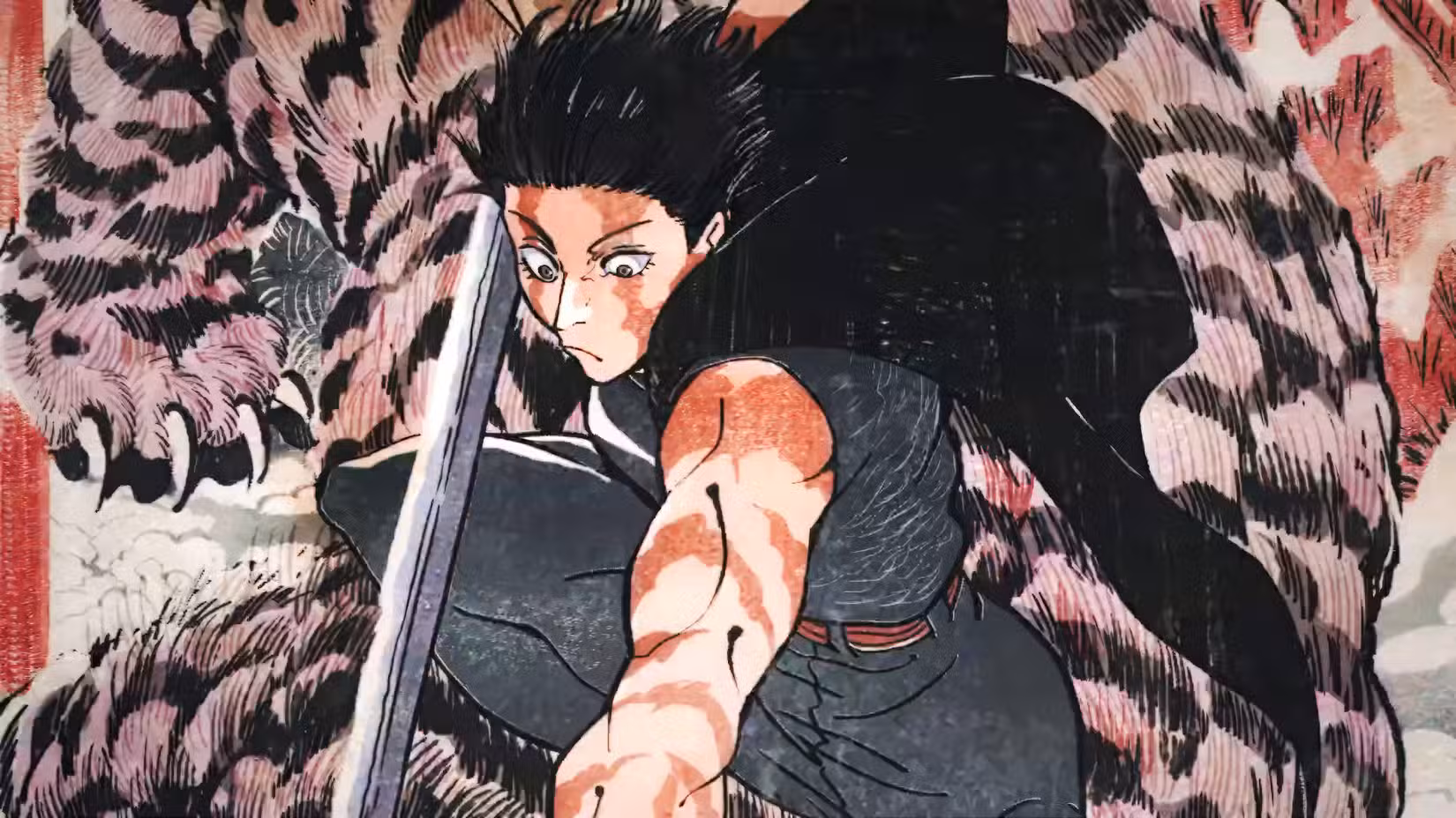 Maki matando um tigre na abertura da 3ª temporada de Jujutsu Kaisen