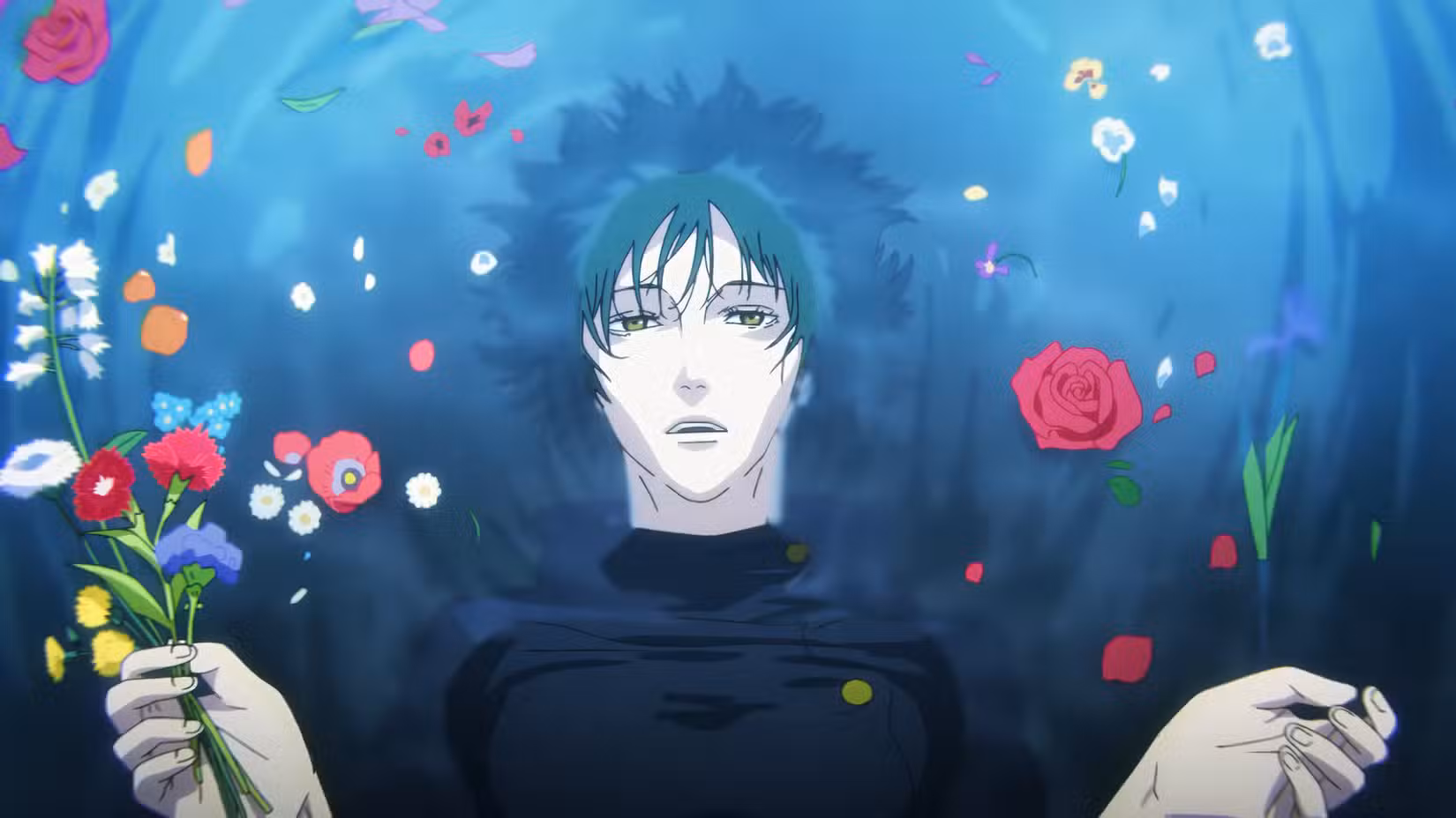 Mai flutua enquanto olha para frente na abertura da 3ª temporada de Jujutsu Kaisen