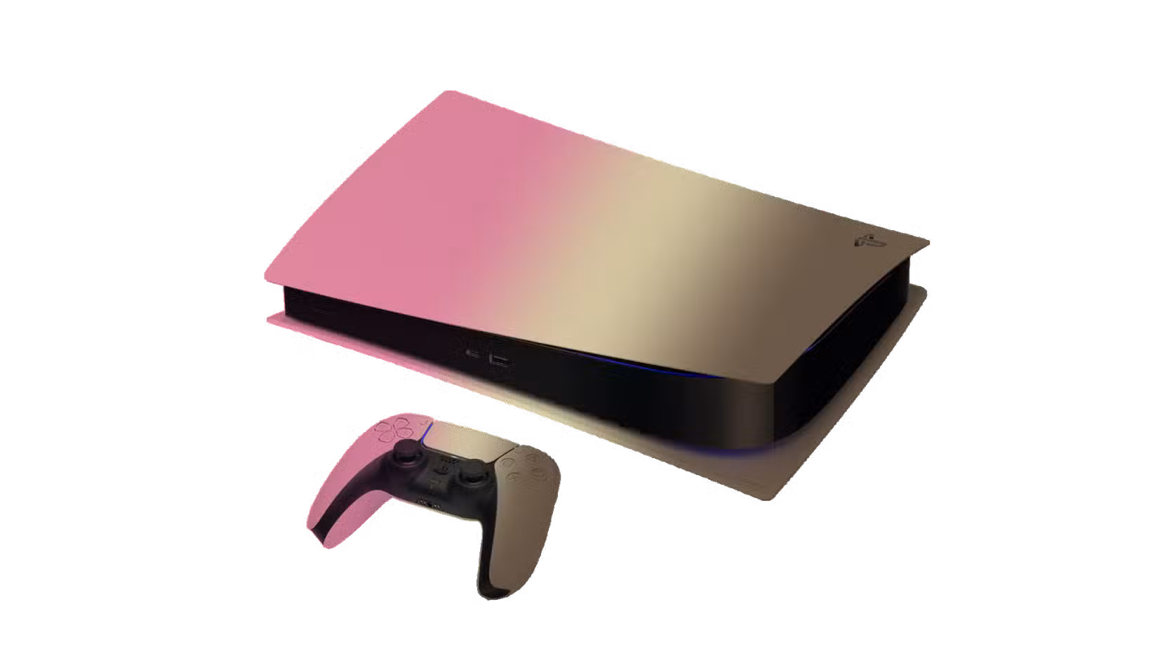 Um PS5 com coloração rosa, branco e marrom fica sobre um fundo branco.
