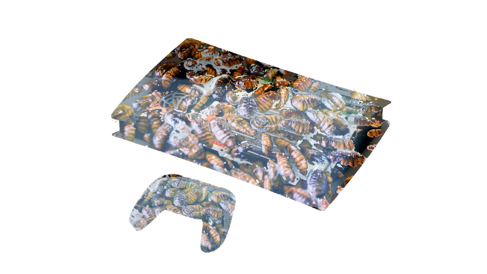 Um PS5 coberto de imagens de bugs contra um fundo branco.