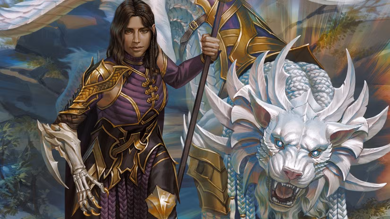 Um Beastheart segurando uma lança fica ao lado de um grande gato prateado usando uma armadura na arte de Draw Steel