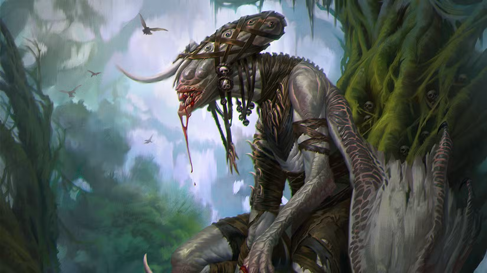 Um monstro alado com sangue escorrendo pelas presas está sentado em uma árvore em Equinox, na arte de Draw Steel Crack the Sun