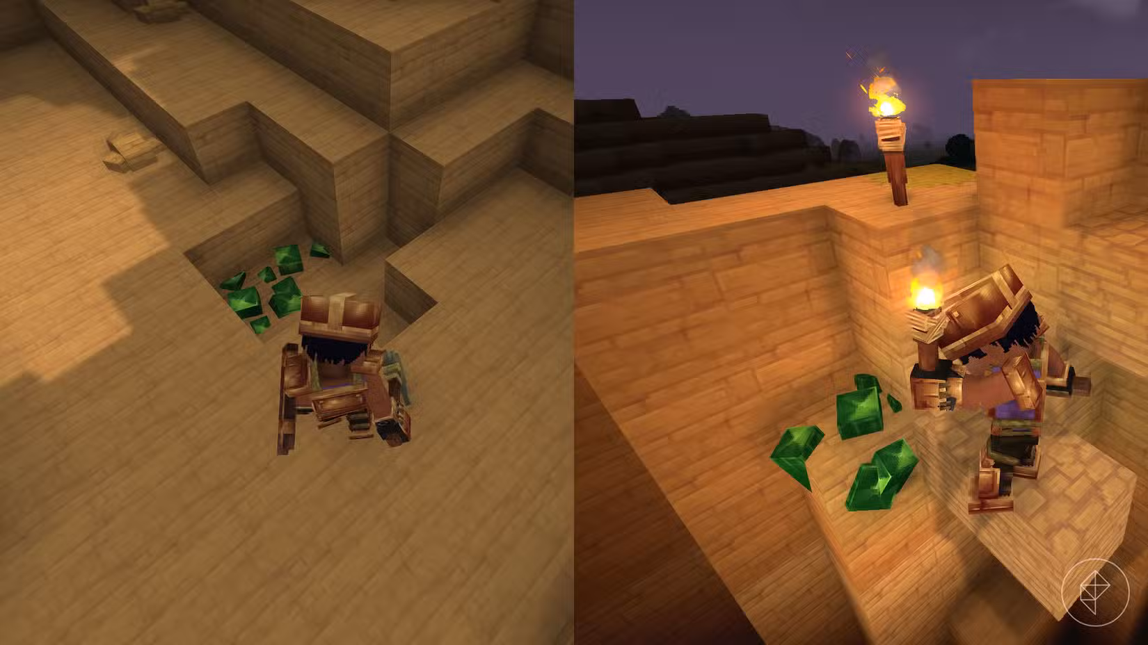 Uma montagem de duas capturas de tela do Hytale mostrando dois exemplos de onde os nós de tório podem ser encontrados