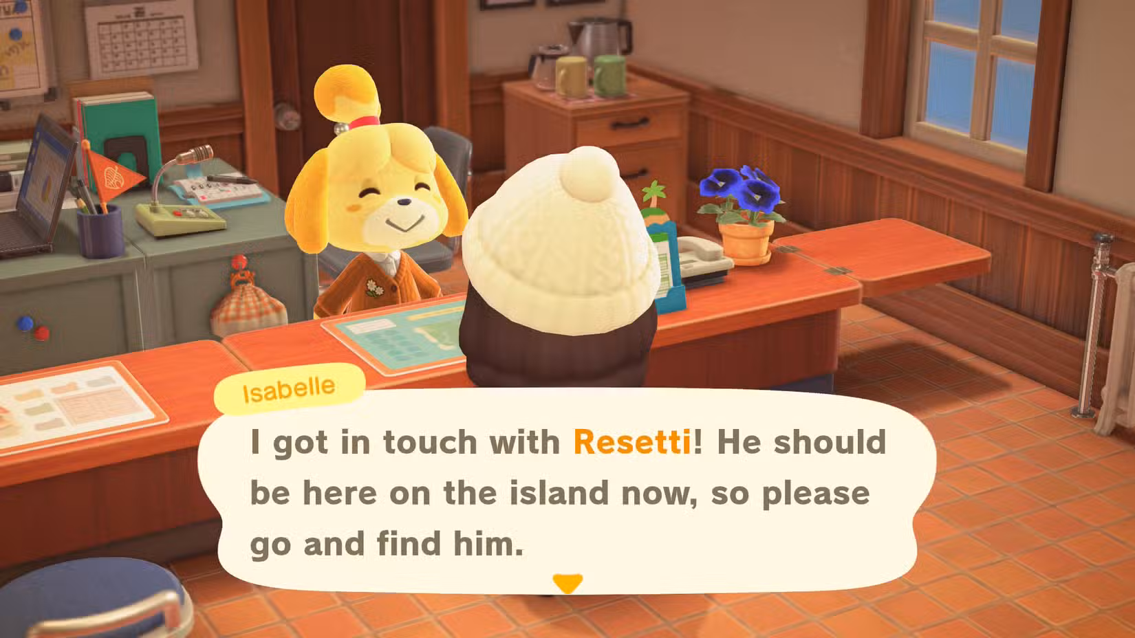 ACNH Isabelle dizendo que entrou em contato com Resetti