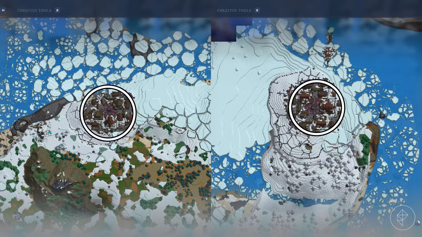 Uma montagem usando duas capturas de tela do Hytale para mostrar como são as aldeias Outlander