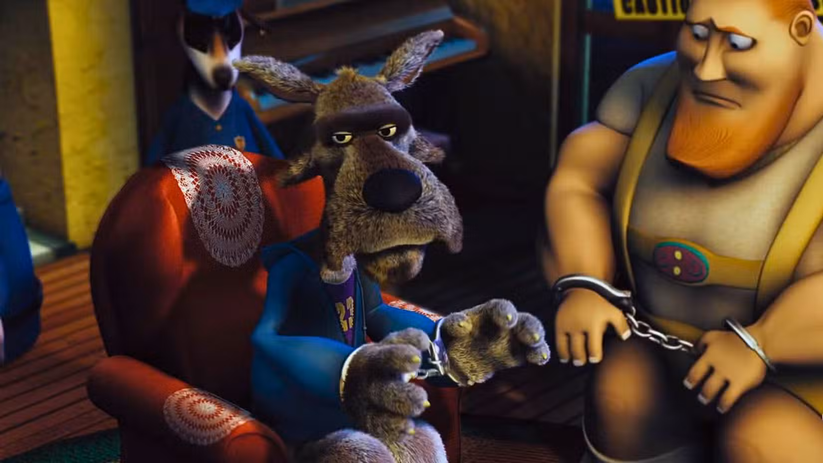 Uma imagem de Hoodwinked, de Cory Edwards. Mostra o Lobo Mau algemado ao lado de um Lenhador de aparência desanimada.