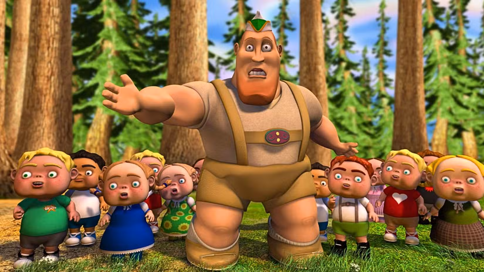 Uma imagem do filme de animação, Enganado. Mostra o Lenhador cercado por um grupo de crianças, parecendo horrorizado.