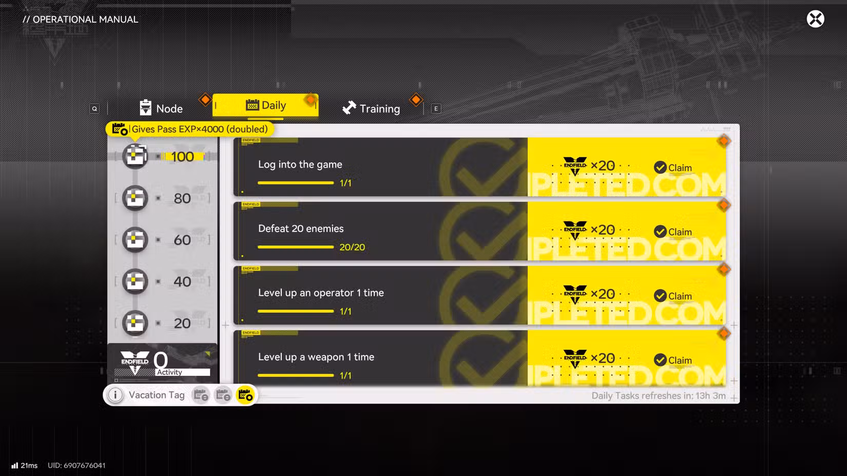 Menu de objetivos diários de Arknights Endfield