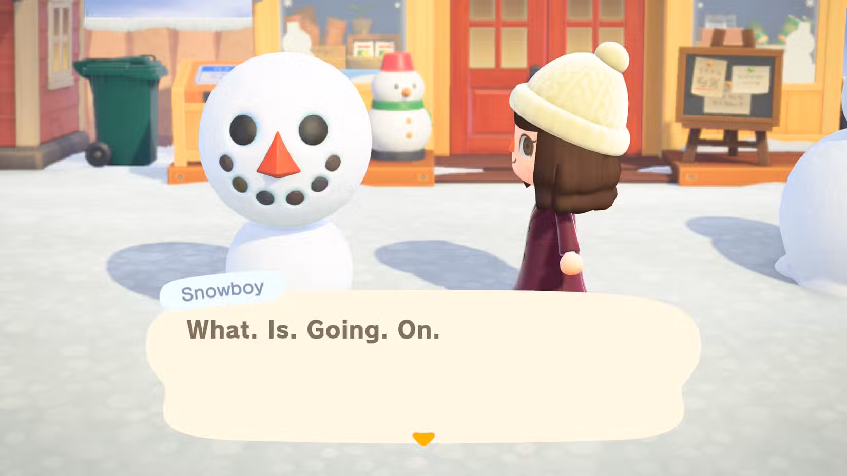 ACNH Snowboy expressando confusão