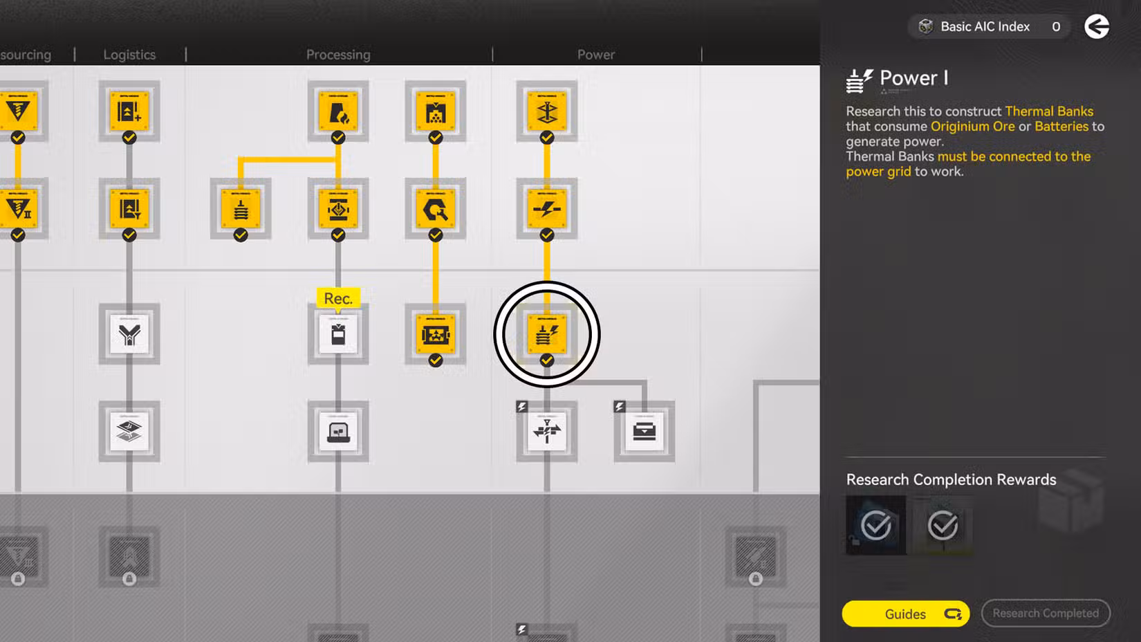 Uma montagem mostrando o nó Power na tela AIC Factory Plan