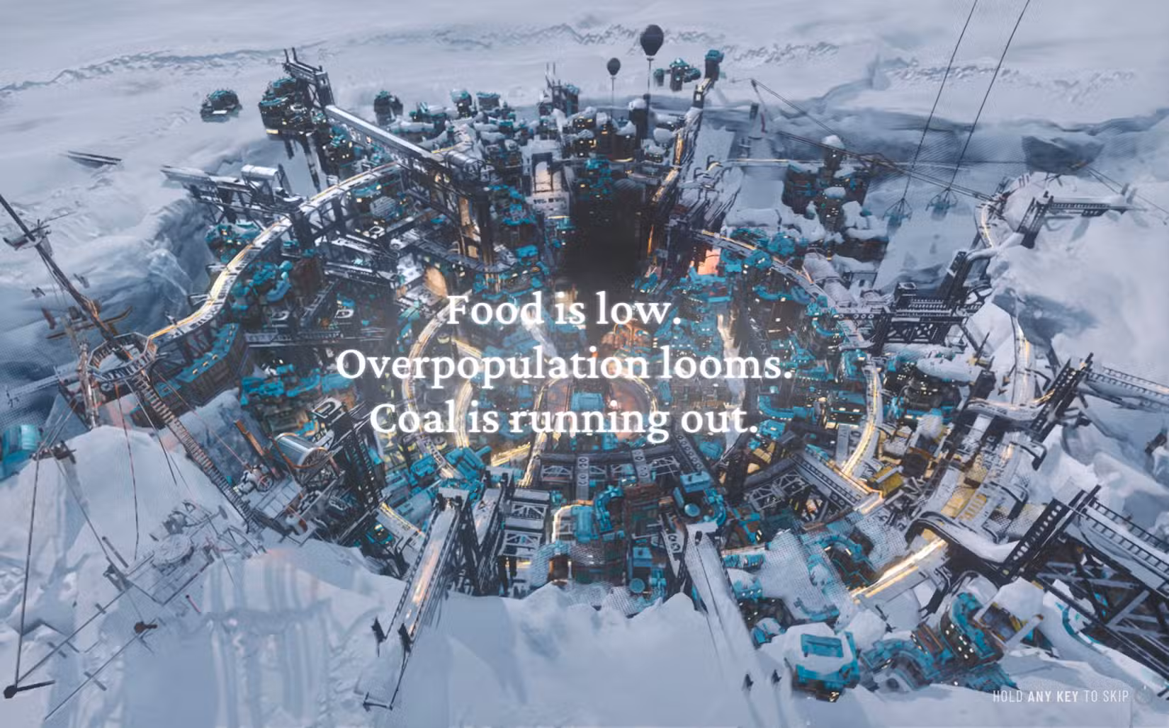 Tela do Frostpunk 2 dizendo que a comida está baixa, a superpopulação se aproxima e o carvão está acabando