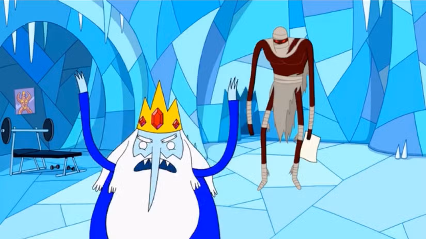 O Rei Gelado da Hora de Aventura parece chateado enquanto o Queimador está atrás dele