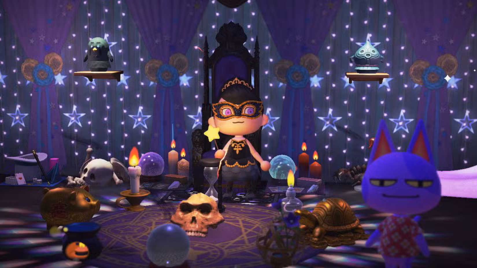 Uma personagem feminina de Animal Crossing New Horizons mostra seu porão amaldiçoado, com o aldeão Bob espreitando em primeiro plano.