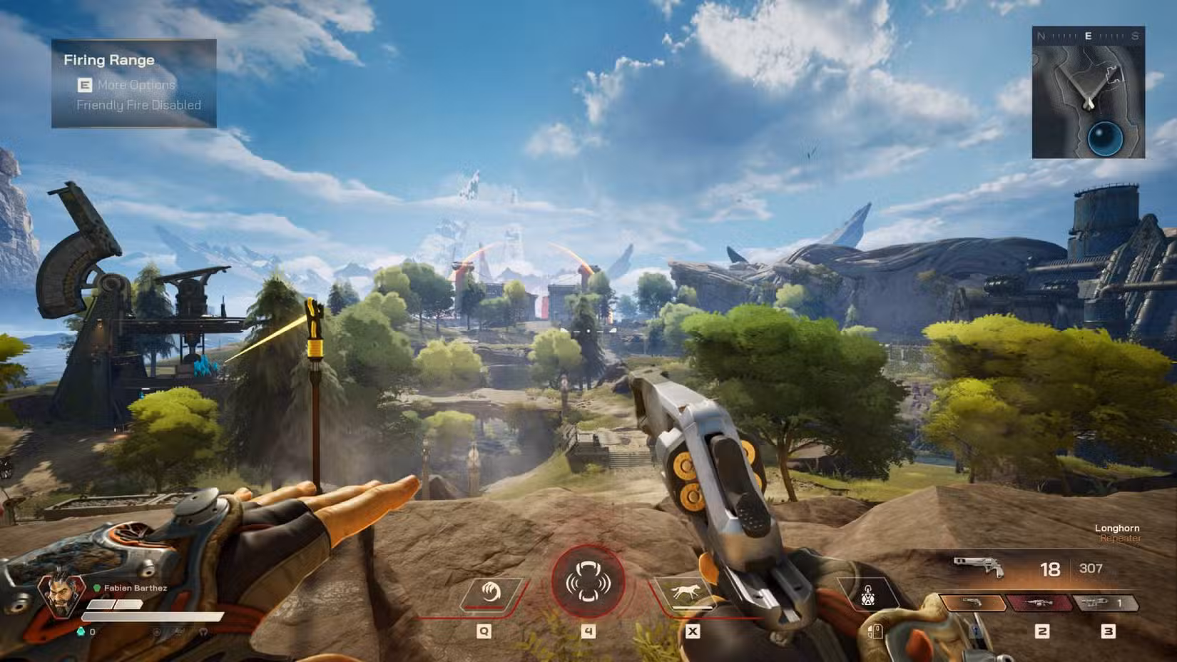 O jogador empunhando o Longhorn enquanto observa o mapa em Highguard.