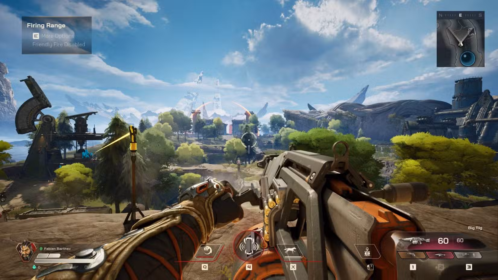 O jogador empunhando o Big Rig enquanto observa o mapa em Highguard.