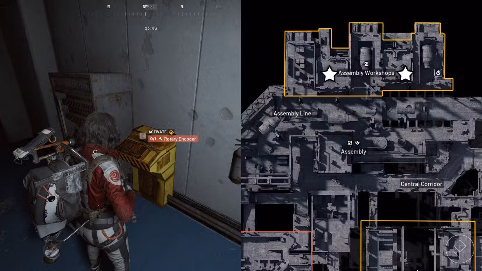 O lado esquerdo da imagem mostra o jogador em frente à alavanca amarela com a qual o Rotary Encoder precisa ser usado em Arc Raiders, enquanto o lado direito da imagem mostra as localizações das salas de controle marcadas no mapa do jogo.