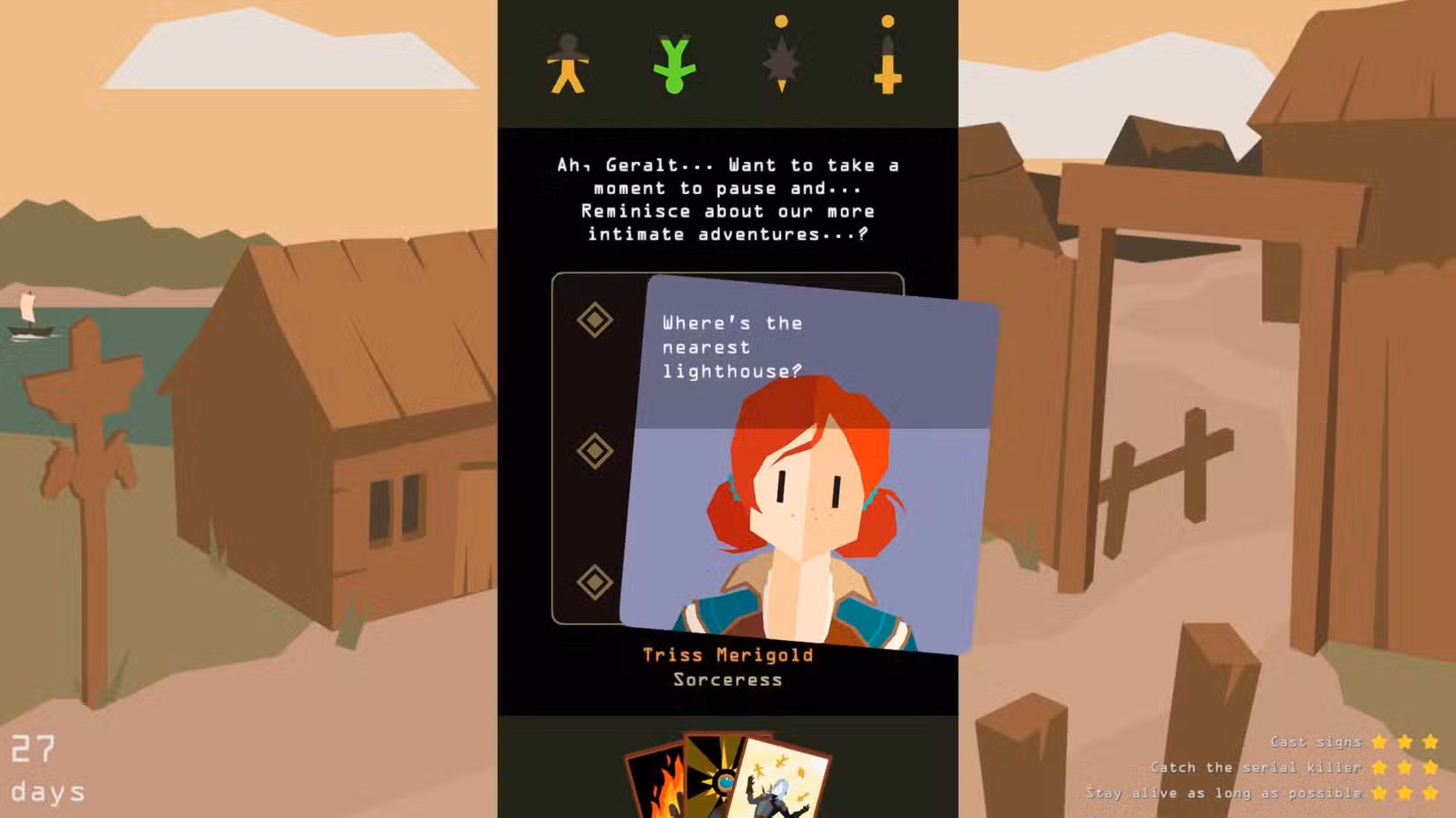 Triss pede a Geralt para relembrar suas aventuras íntimas em Reigns: The Witcher
