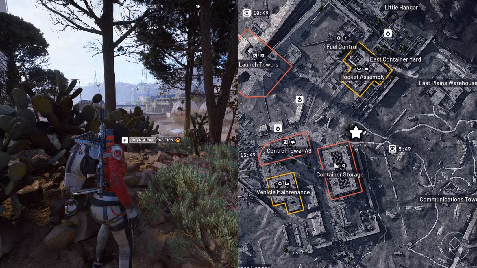 O lado esquerdo da imagem mostra o jogador em frente ao prompt do jogo para completar o objetivo de On The Map em Arc Raiders, enquanto o lado direito da imagem mostra o local marcado no mapa do jogo com uma estrela.