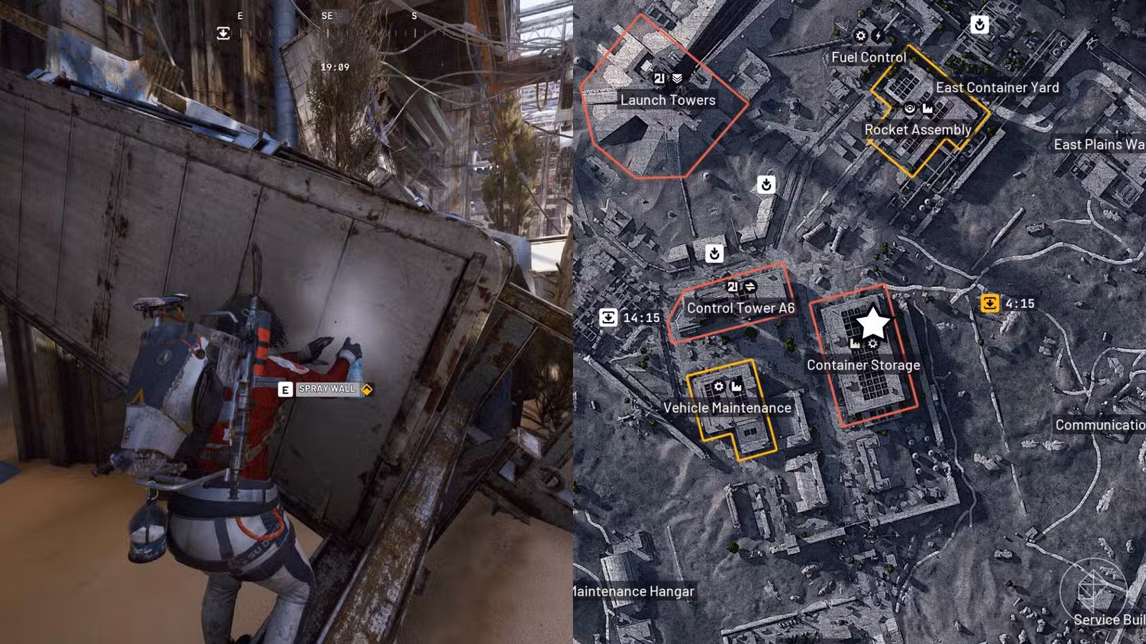 O lado esquerdo da imagem mostra o jogador em frente ao prompt do jogo para completar o objetivo de On The Map em Arc Raiders, enquanto o lado direito da imagem mostra o local marcado no mapa do jogo com uma estrela.