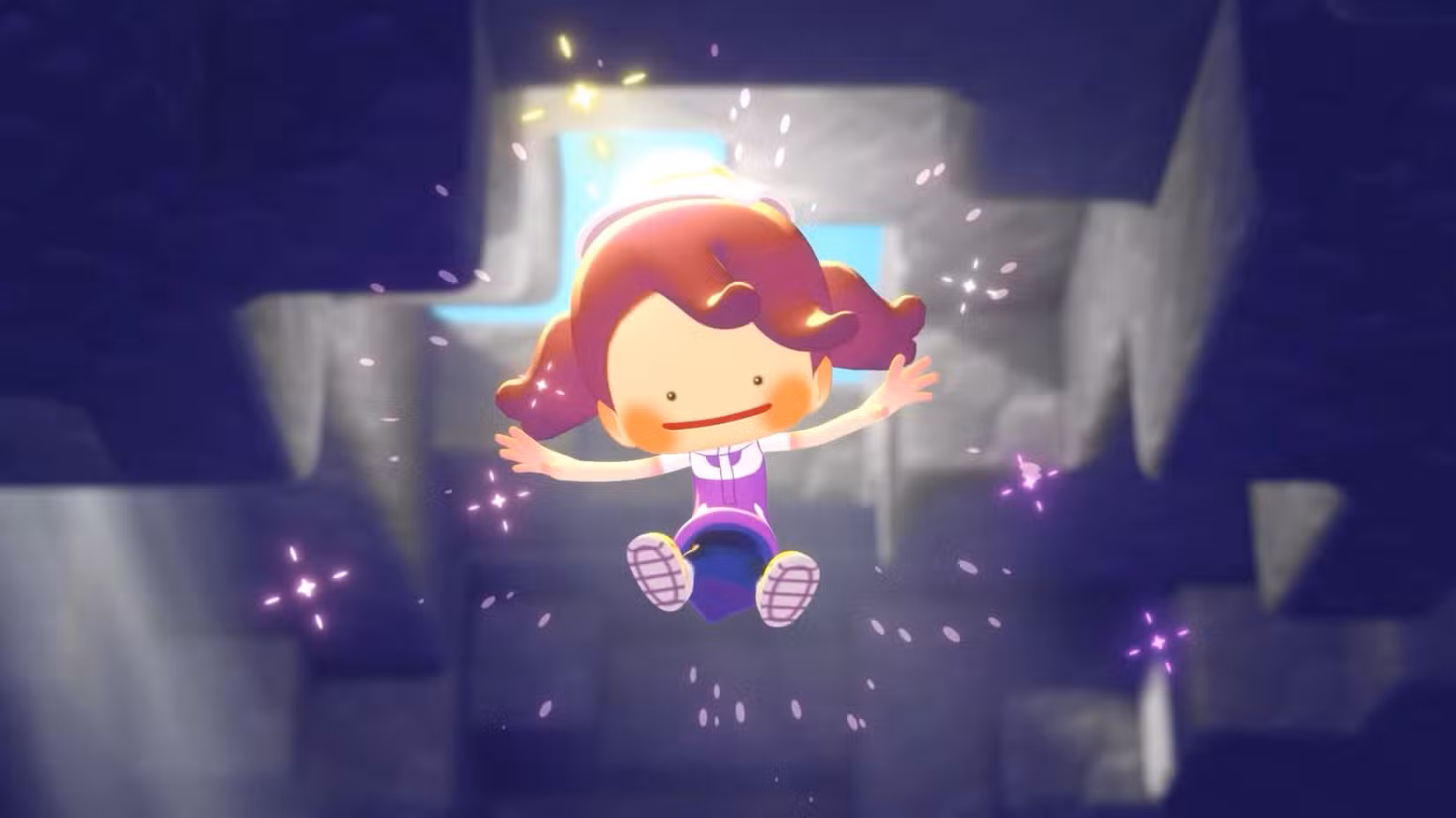 Um Ditto na forma de uma pessoa flutua no ar em Pokémon Pokopia.