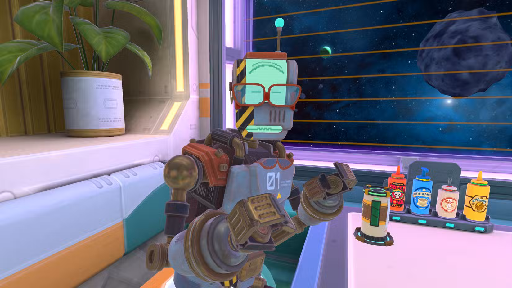 Um robô está sentado em uma cabine no Stellar Cafe.