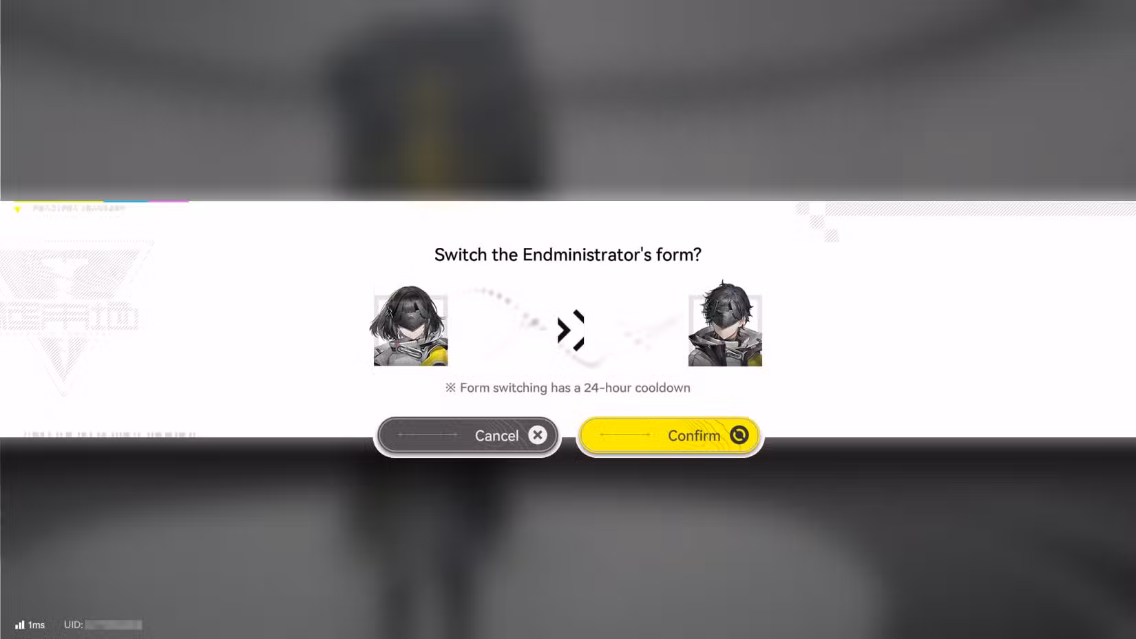 Um prompt perguntando se você deseja trocar os formulários do Endministrator em Arknights: Endfield