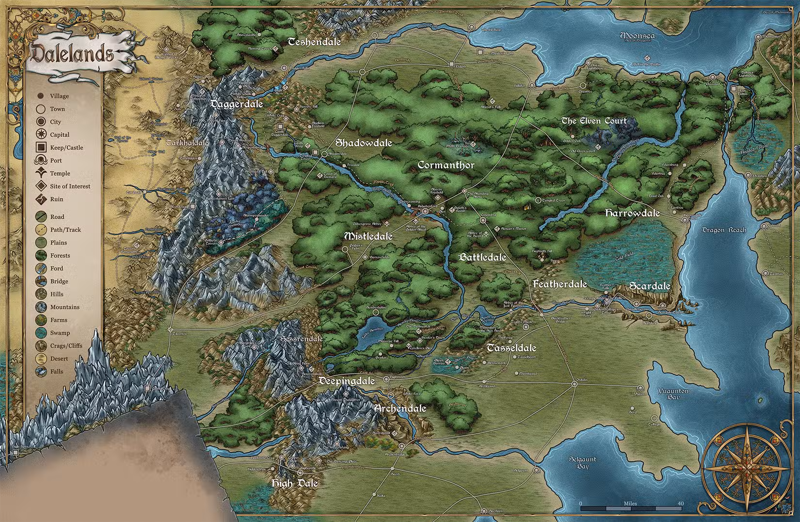 um mapa dos Dalelands em Forgotten Realms dos livros RealmsBound