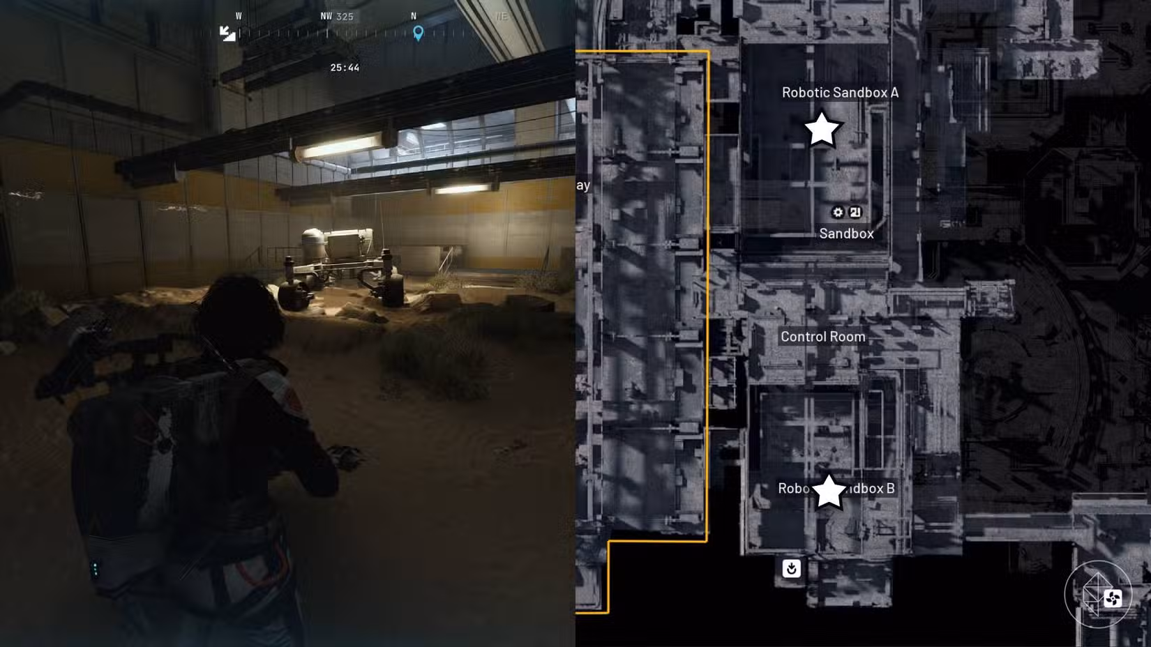 O lado esquerdo da imagem mostra o jogador em frente aos rovers dos quais você precisa tirar uma foto para a missão em Arc Raiders, enquanto o lado direito da imagem mostra os locais onde os rovers podem ser encontrados marcados no mapa do jogo.