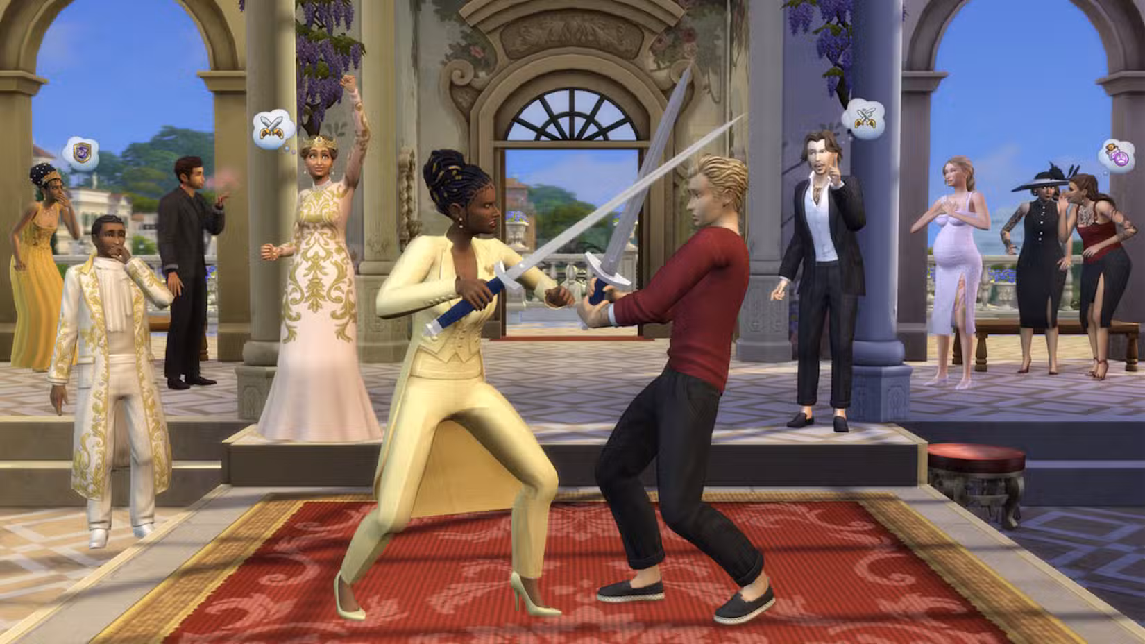Dois Sims duelando na expansão Royalty and Legacy do The Sims 4