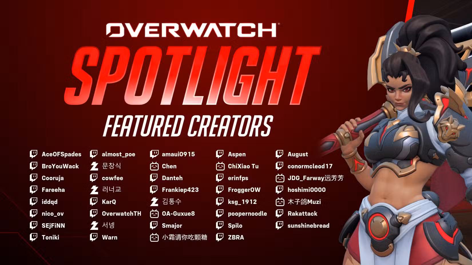 A lista de criadores participantes do evento Overwatch Spotlight Twitch