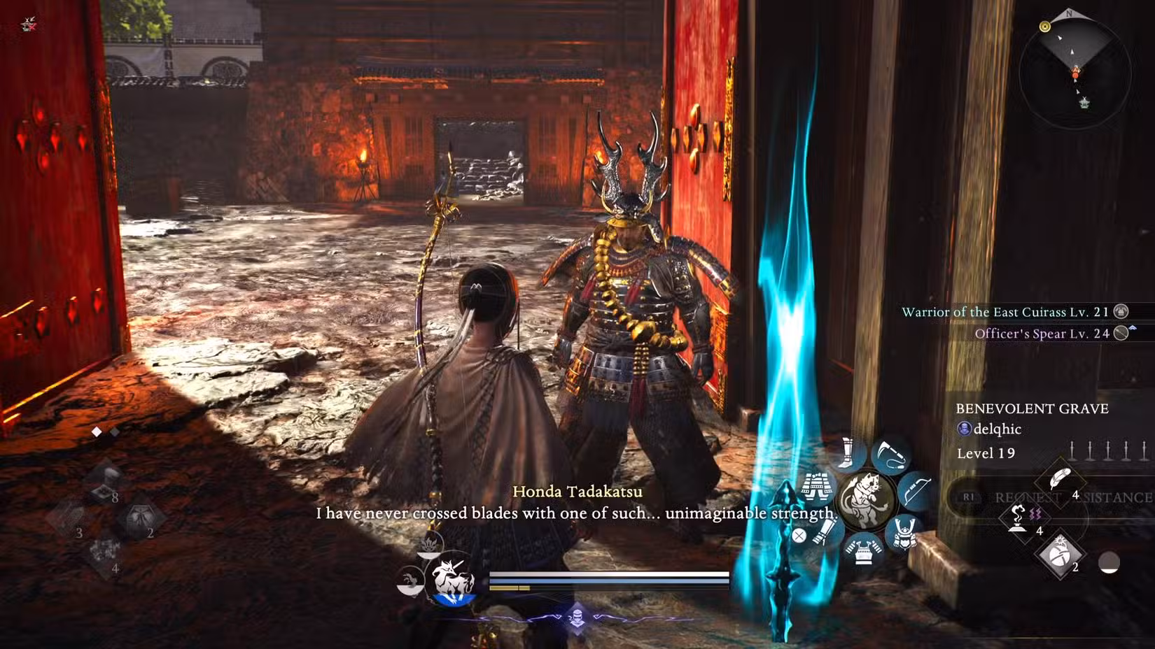 O jogador de Nioh 3 conversando com Honda Tadakatsu em um templo.