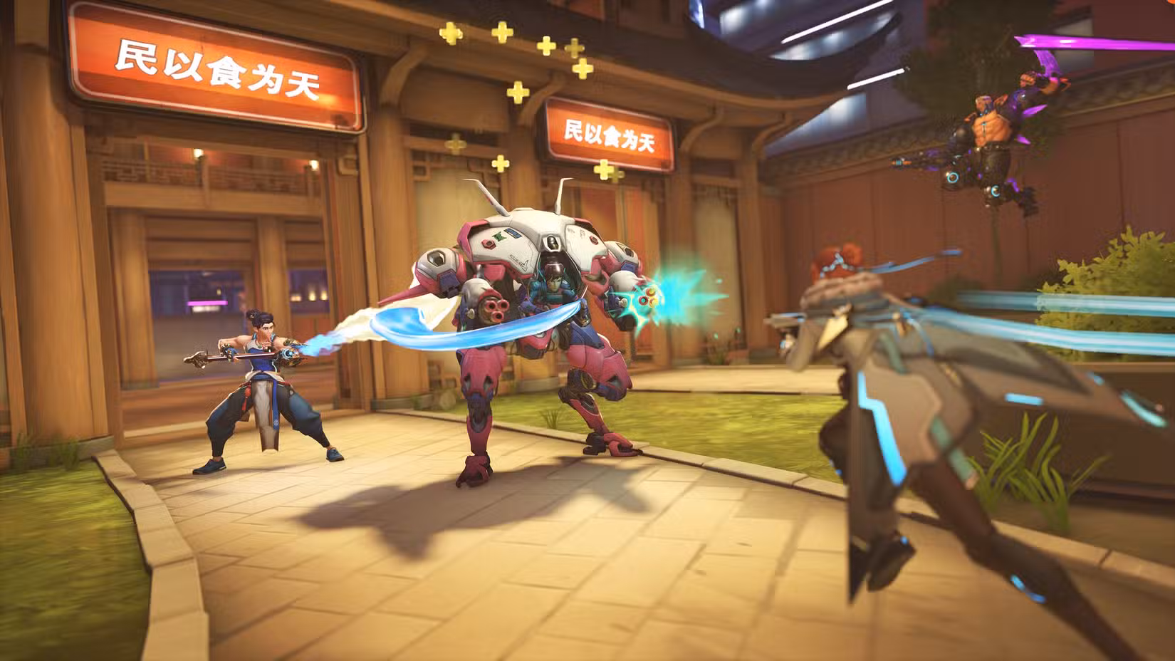 Wuyang curando D.Va enquanto Freja se aproxima em Overwatch 2