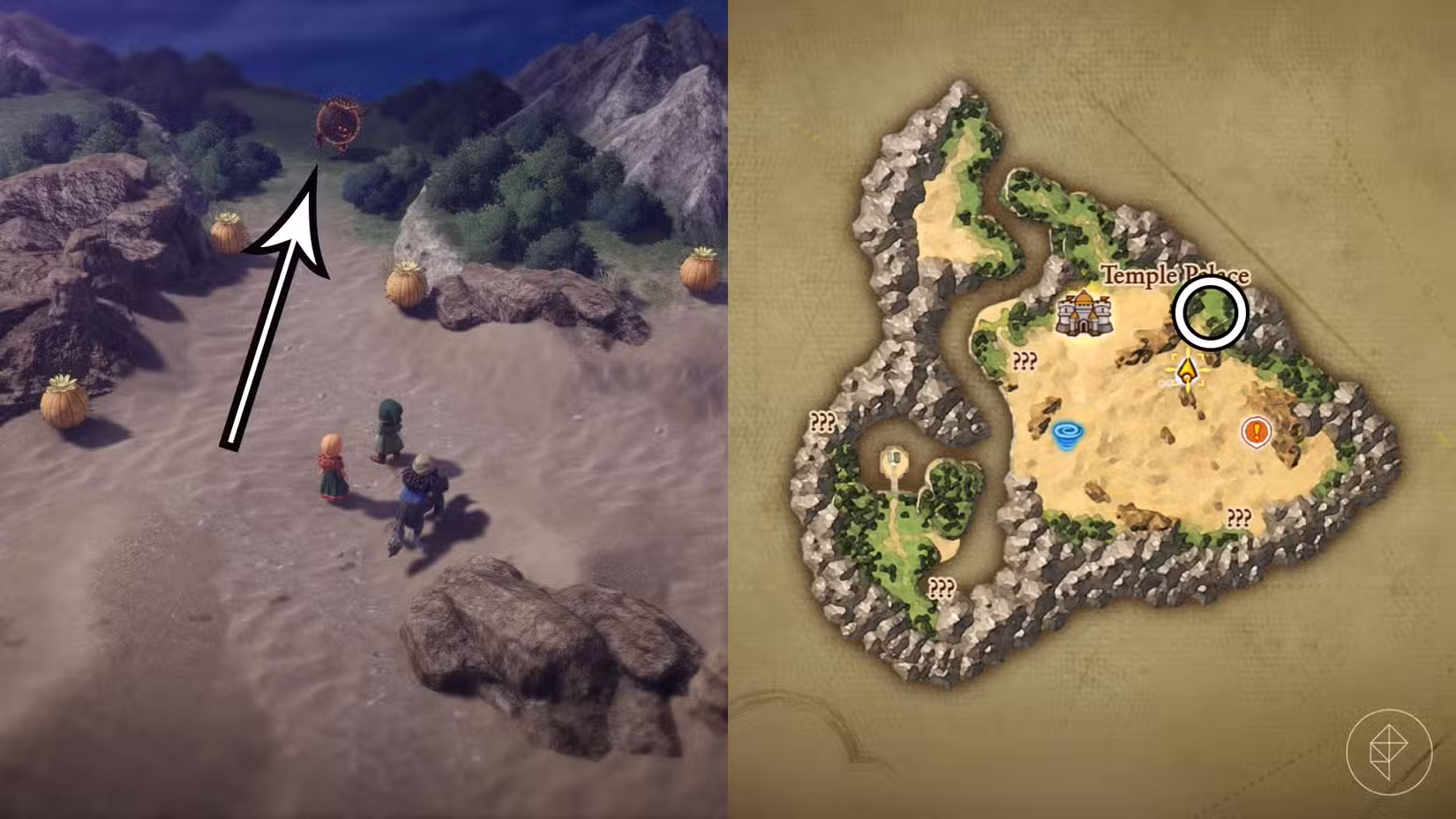 Uma montagem usando duas capturas de tela do Dragon Quest 7 Reimagined mostrando a localização do coração do Cactiball