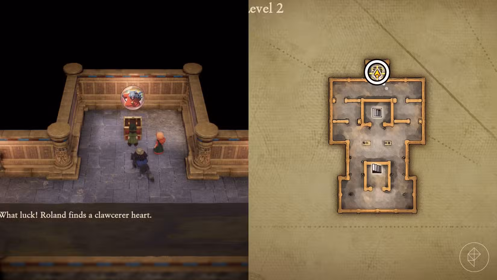 Uma montagem usando duas capturas de tela do Dragon Quest 7 Reimagined mostrando a localização do coração do Clawcerer