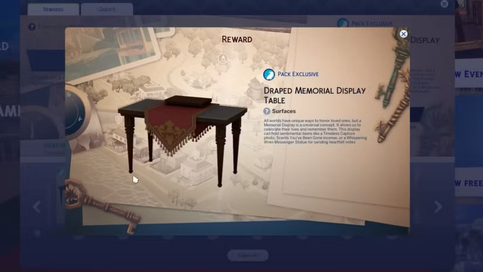 Uma mesa de madeira preta com um corredor de tecido vermelho e dourado, chamada Draped Memorial Display Table, conforme visto na lista de recompensas do evento Lost Legacies.